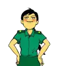 a cartoon of a man in a military uniform standing with his hands on his hips and smiling .