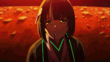 a close up of a girl with a bloody mouth and a green arrow around her neck