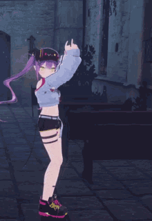 a girl with purple hair is standing in front of a church