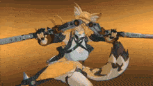 a cartoon character with a fox tail is holding two swords .