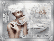 a picture of a woman wearing a mask with the words bonne journee written on it