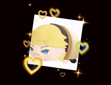 a picture of a stuffed character with hearts around it