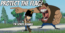 a cartoon of a man pointing at a boy that says " protect the flag "