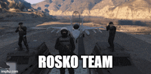 a video game scene with soldiers and a plane and the words " rosko team " on the bottom