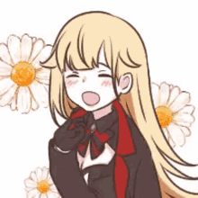 a cartoon girl with long blonde hair is surrounded by daisies and flowers .