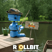 a robot is sitting on a dock holding a fishing rod and a sign that says bigbass bonus