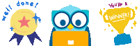 an owl sitting in front of a laptop next to a sticker that says well done