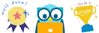 an owl sitting in front of a laptop next to a sticker that says well done