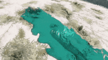 a painting of a river surrounded by snow and trees