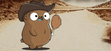 a cartoon character wearing a cowboy hat holds a chicken leg