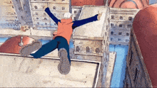 a cartoon character is flying through the air