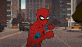 a cartoon of spider-man standing in front of a truck with the letter o on the side