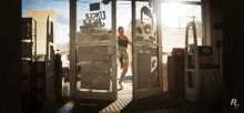 a woman stands in the doorway of a store with a sign that says " lucky strike " on it