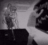 a black and white drawing of a woman standing in front of a blackboard that says " i love you "