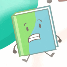 a blue and green book with arms and legs is walking