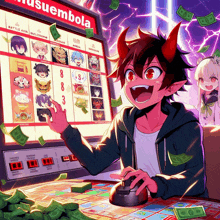 a boy with horns is playing a video game with a screen that says musuembola