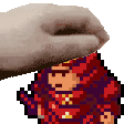 a hand is putting a pixel art character on top of a pixel art character .