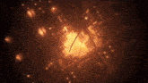 a sword is flying through a dark room with a lot of lights .