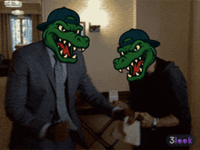 a man in a suit and tie is standing next to another man with a crocodile head on his face