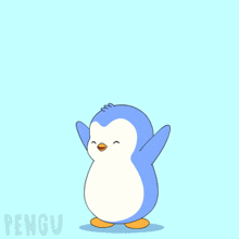 a blue penguin with orange feet is jumping in the air with the word pengu below it