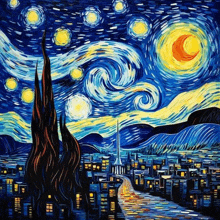 a painting of a starry night with a full moon