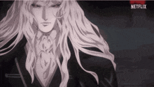 a picture of a man with long white hair and a netflix logo behind him