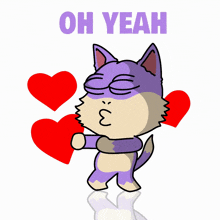 a cartoon of a cat holding two red hearts with the words oh yeah above it