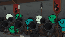 a cartoon of a group of cannons being fired with a blue elf holding a torch