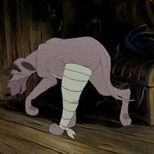 a cartoon dog with a bandaged leg is walking on a wooden floor