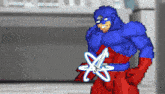 a pixel art of a superhero holding a scissors and an atom