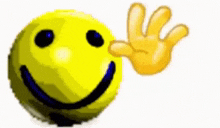 a yellow smiley face with a hand behind it giving a peace sign