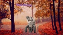 a man and woman are hugging in a forest with the words good morning written above them
