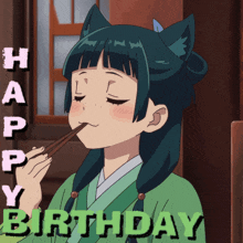 a girl with cat ears eating with chopsticks and the words happy birthday