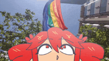 a cartoon drawing of a girl with a rainbow flag in the background