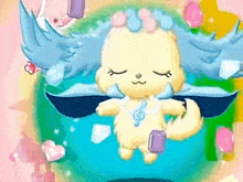 a stuffed animal with wings and a treble clef on its neck