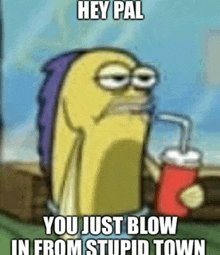 a cartoon character from spongebob squarepants is holding a drink with a straw and a straw in his mouth .