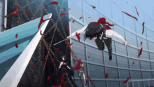 a man in a suit is flying through the air with a sword in his hand