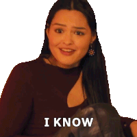 a woman in a red top says i know on a white background