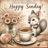 a squirrel is sitting next to a cup of coffee and flowers on a wooden table .