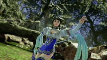 a girl in a blue dress is holding a sword in a video game