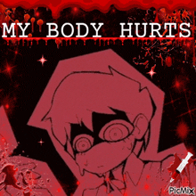 a picture of a cartoon character with the words my body hurts