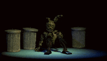 a cartoon character is sitting on a table with trash cans