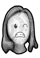 a black and white drawing of a ghost with long hair and a sad face