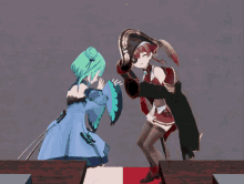 two anime characters are standing next to each other and one has green hair