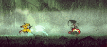 a cartoon of a man in a yellow shirt fighting a monster