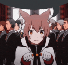 a girl with cat ears is standing in a crowd of people