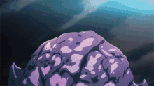 a large purple object is floating in the air with a cloudy sky in the background .