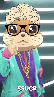 a cartoon of a hamster wearing glasses and a gold chain giving a thumbs up sign