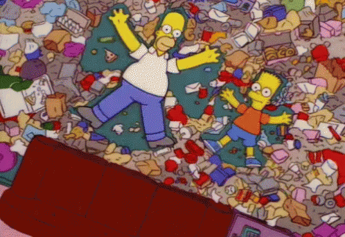 homer and bart simpson making angels in the midst of clutter on the floor