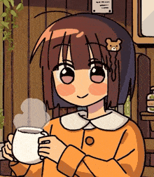 a girl with a teddy bear in her hair holds a cup of coffee